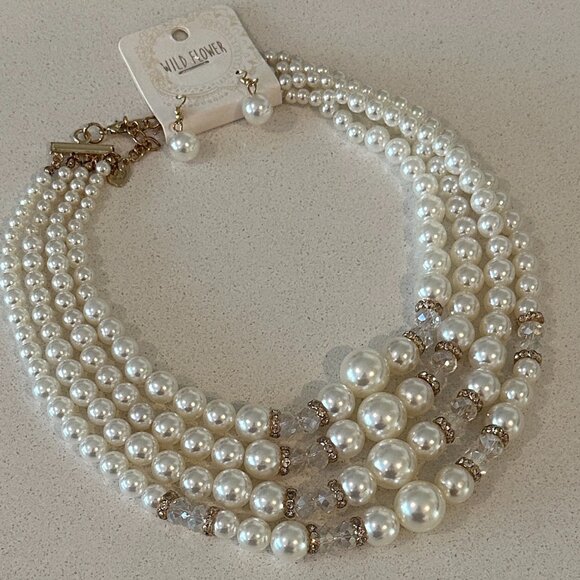 WILD FLOWER 4 Strand Fashion Faux Pearl Necklace & Earrings - Picture 1 of 7